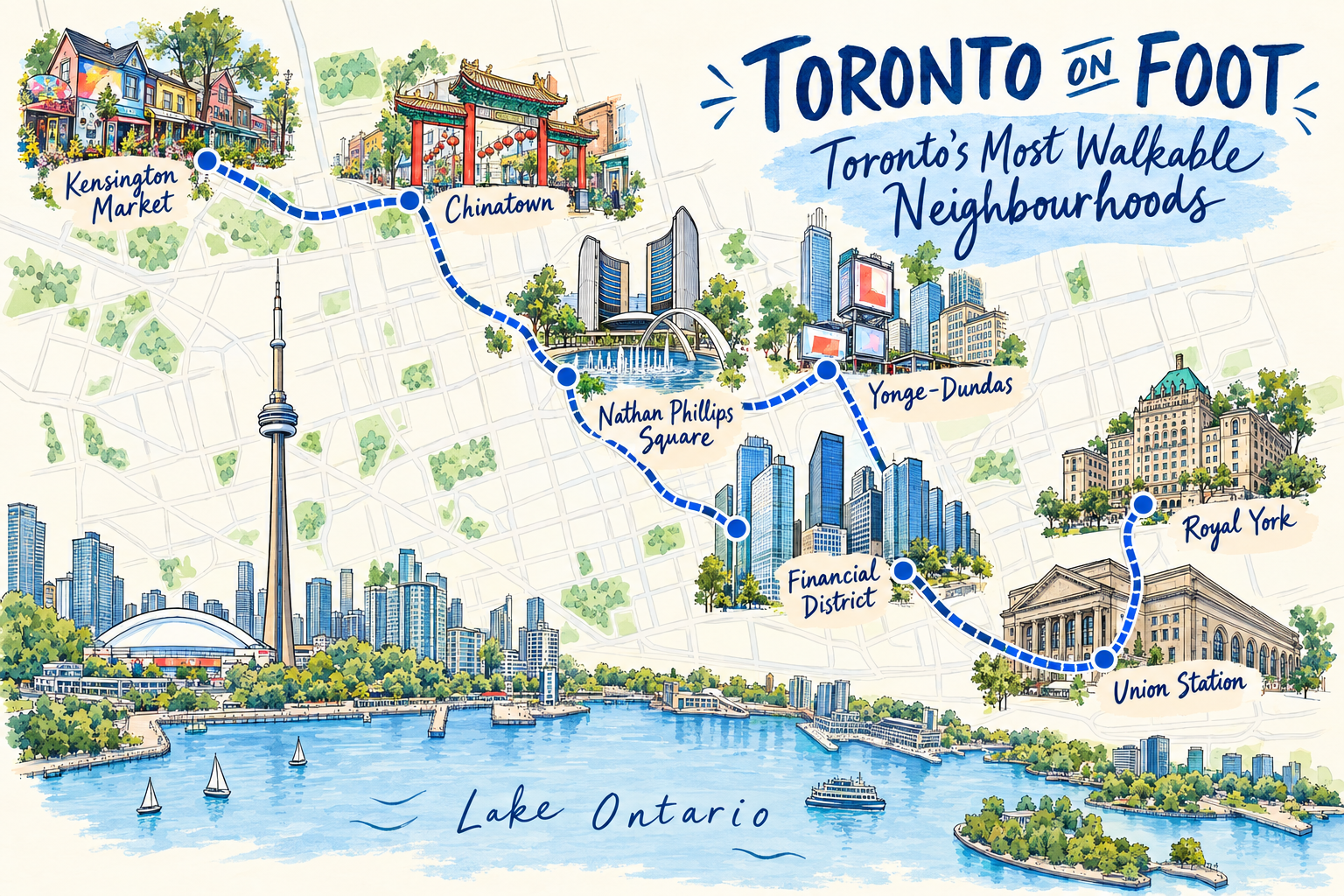 Illustrated Toronto On Foot walking route connecting Union Station, Royal York, the Financial District, Nathan Phillips Square, Yonge–Dundas, Chinatown and Kensington Market